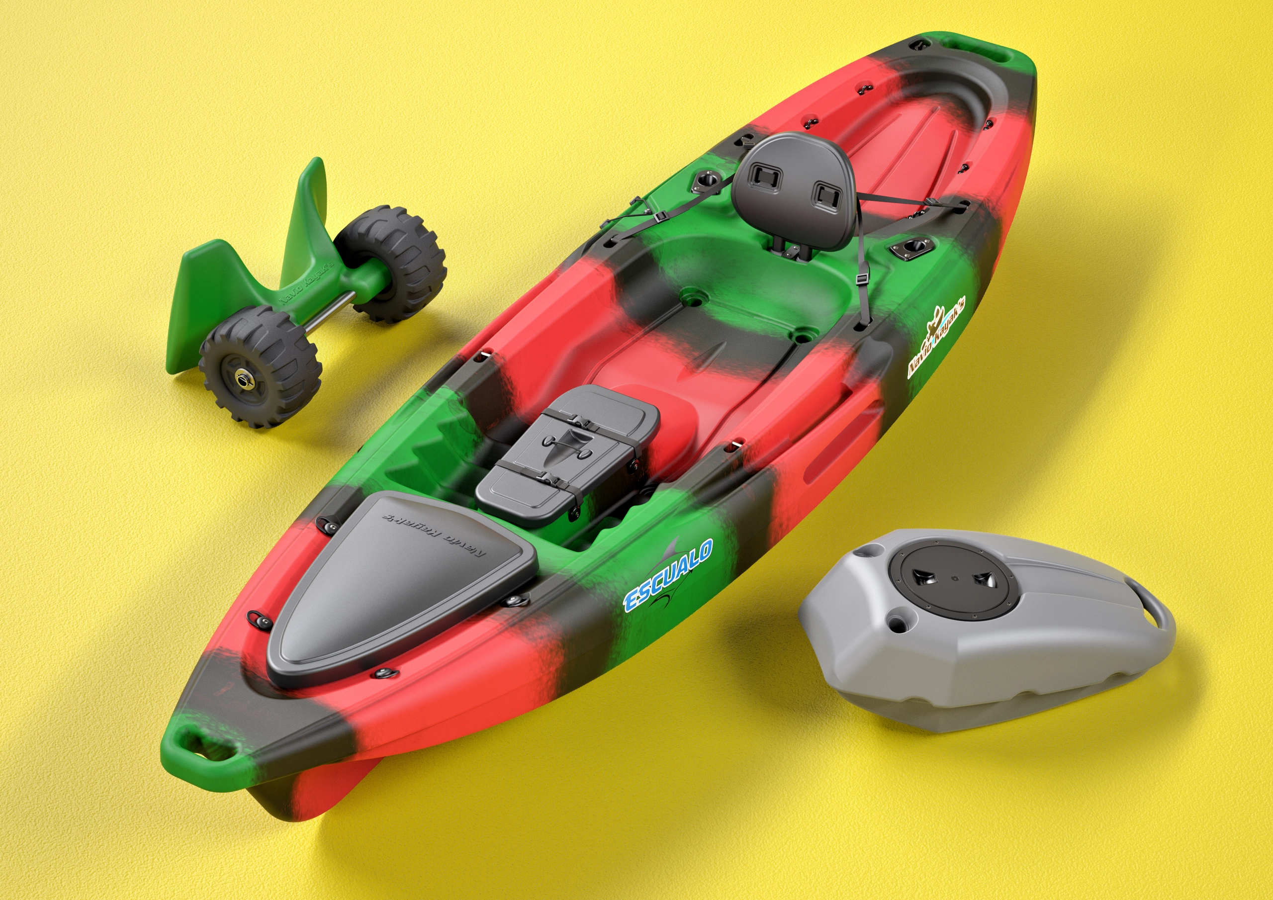 Kayak, trolley and fish crate.