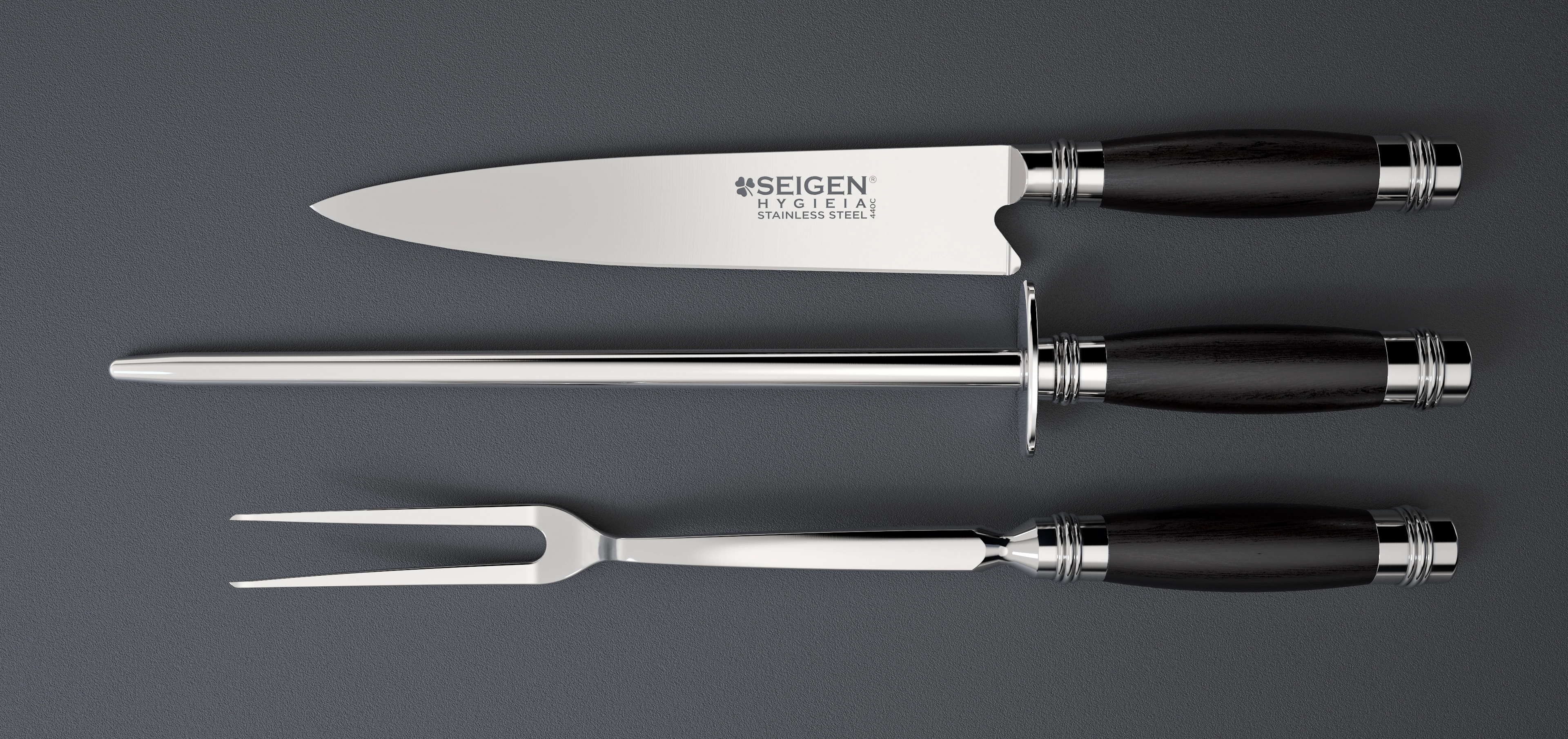 7.9-inch knife, carving fork, and sharpening steel.